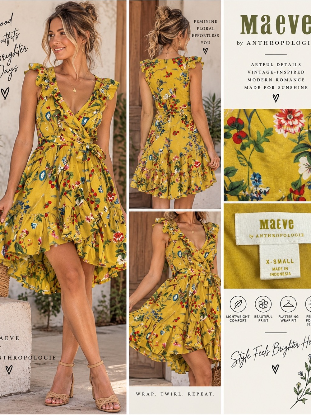 Maeve by Anthropologie Mustard Floral Ruffle Wrap Dress